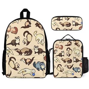 supdreamc 3 piece rucksacks hairy ferret art camping outdoor backpack sets - large capacity multipurpose carry on bag+lunch bag+pencil case