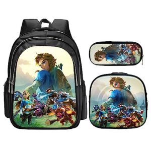 yaeger 3pcs 16in game backpack set anime bookbag cartoon backpack with lunch bag pencil case style2