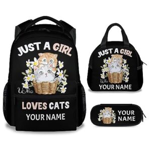 fuzzyfit personalized cat backpack with lunch box set for kids, 3 in 1 school backpacks matching combo, cute black bookbag and pencil case bundle