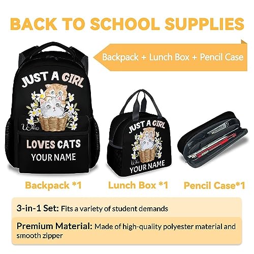 FUZZYFIT Personalized Cat Backpack with Lunch Box Set for Kids, 3 in 1 School Backpacks Matching Combo, Cute Black Bookbag and Pencil Case Bundle