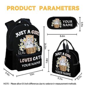 FUZZYFIT Personalized Cat Backpack with Lunch Box Set for Kids, 3 in 1 School Backpacks Matching Combo, Cute Black Bookbag and Pencil Case Bundle