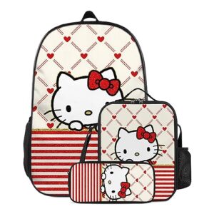 jvuqhla 3pcs backpack set 17inch backpack with lunch box pencil case for girl women back to school supplies gift (cute cartoon cat)