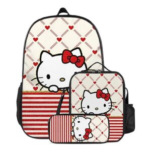 JVUQHLA 3Pcs Backpack Set 17inch Backpack With Lunch Box Pencil Case for Girl Women Back to School Supplies Gift (Cute Cartoon Cat)