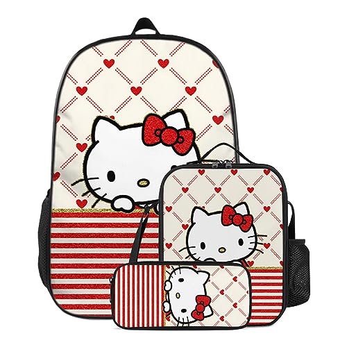 JVUQHLA 3Pcs Backpack Set 17inch Backpack With Lunch Box Pencil Case for Girl Women Back to School Supplies Gift (Cute Cartoon Cat)