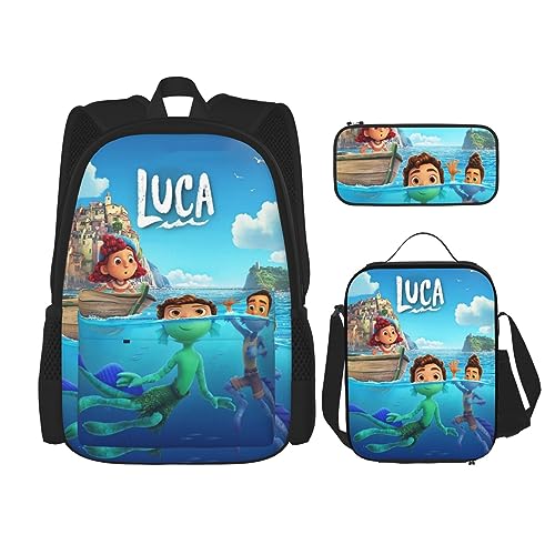 BNALAO Luca Movie 3PCS Cartoon Backpack Set Laptop Backpack Portable Lunch Bag Print Pencil Case Travel Bags Daily