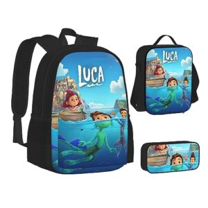 BNALAO Luca Movie 3PCS Cartoon Backpack Set Laptop Backpack Portable Lunch Bag Print Pencil Case Travel Bags Daily