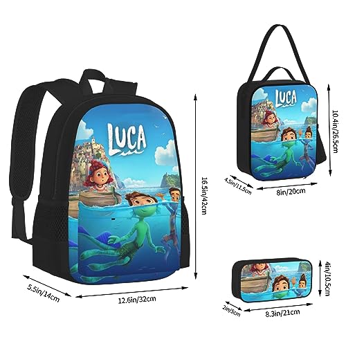 BNALAO Luca Movie 3PCS Cartoon Backpack Set Laptop Backpack Portable Lunch Bag Print Pencil Case Travel Bags Daily