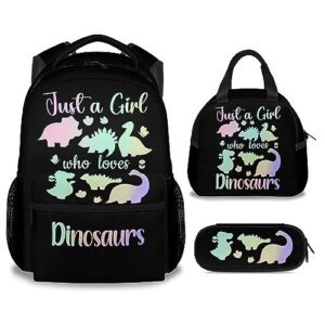 dinosaur backpack with lunch box and pencil case set, 3 in 1 matching boys girls pink backpacks combo, cute bookbag and pencil case bundle