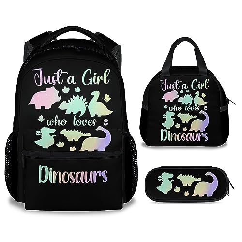 Dinosaur Backpack with Lunch Box and Pencil Case Set, 3 in 1 Matching Boys Girls Pink Backpacks Combo, Cute Bookbag and Pencil Case Bundle