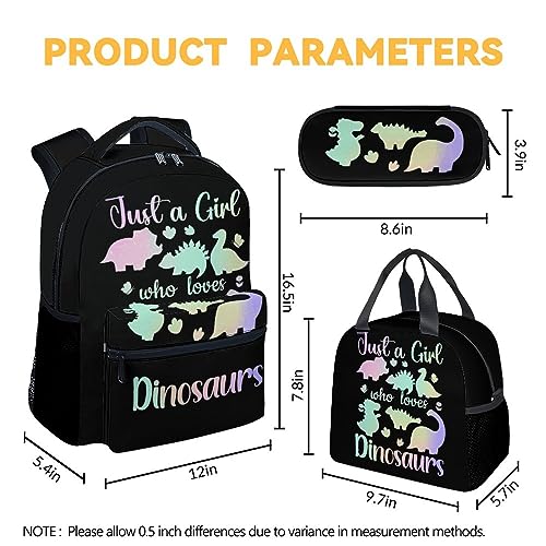 Dinosaur Backpack with Lunch Box and Pencil Case Set, 3 in 1 Matching Boys Girls Pink Backpacks Combo, Cute Bookbag and Pencil Case Bundle