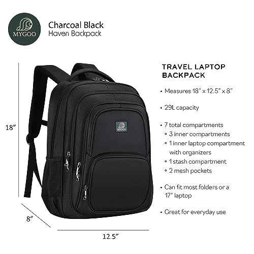 MYGOO Charcoal Black Travel Laptop Backpack | Large 29L Unisex School Bookbag with USB Charging Port for College Student Teacher