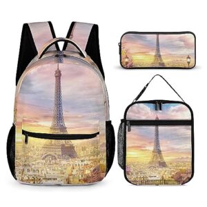 Paris Eiffel Tower Art 3 Pcs Backpack Set Portable Lunch Bag Pencil Pouch for Office