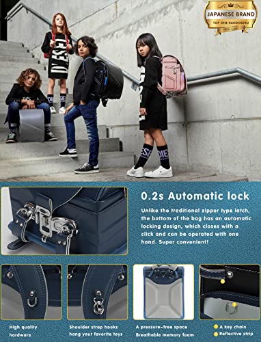Baobab's wish Ransel Randoseru Backpack Semi-automatic satchel Japanese school bag for girls and boys PU leather bab-rng58 (Blue)