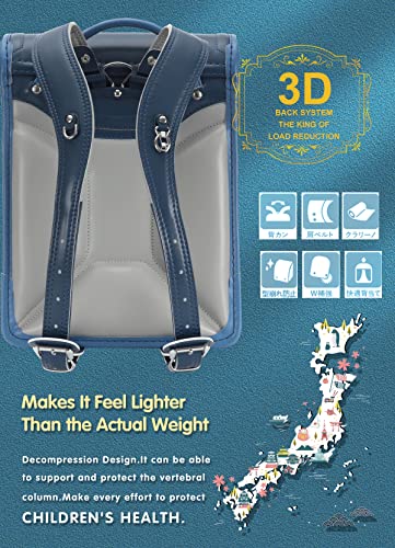 Baobab's wish Ransel Randoseru Backpack Semi-automatic satchel Japanese school bag for girls and boys PU leather bab-rng58 (Blue)