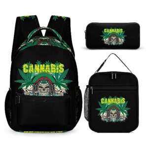 skull and weed leaf 3 pcs backpack set portable lunch bag pencil pouch for office
