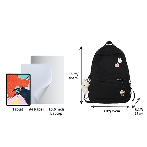 BILIPOPX Kawaii Backpack with Cute Accessories Aesthetic 15.6 Inch Laptop Backpack Pin Plush Pendant (Black,Single Backpack)