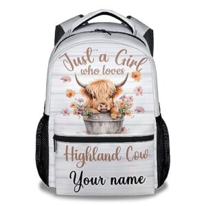 cuspcod personalized highland cow backpack for girls boys, 16 inch white backpacks for school, cute, adjustable straps, durable, lightweight, large capacity bookbag for kids