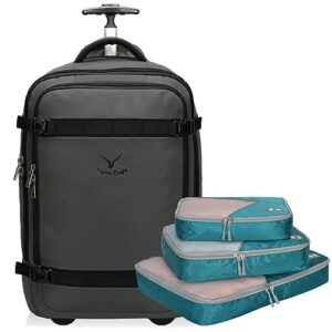 hynes eagle 42l rolling backpack wheeled backpack flight approved travel backpack carry on luggage grey with 3pcs packing cubes set teal