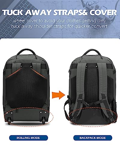 Hynes Eagle 42L Rolling Backpack Wheeled Backpack Flight Approved Travel Backpack Carry on Luggage Grey with 3PCS Packing Cubes Set Teal