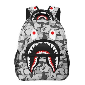 AIRPO Fashion Shark Camo Backpacks Blue Camo Large Capacity Laptop Daypack Lightweight Backpack Casual Travel Travel Hiking Bag For Women Men