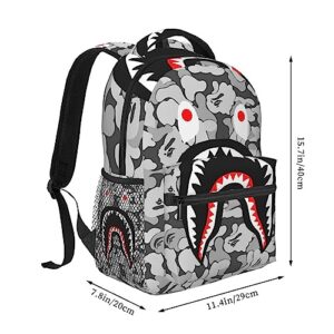 AIRPO Fashion Shark Camo Backpacks Blue Camo Large Capacity Laptop Daypack Lightweight Backpack Casual Travel Travel Hiking Bag For Women Men