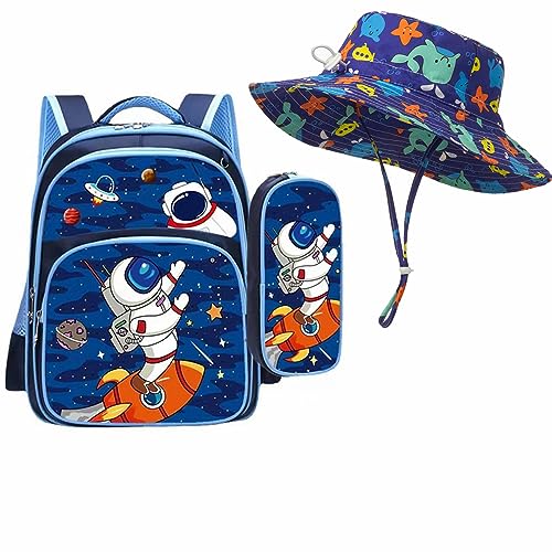 YUNYINIE 16.5" Space Astronaut School Backpack Set and Bucket Hat for Kids, Cute Lightweight Preschool Backpack for Toddlers Boys Girls