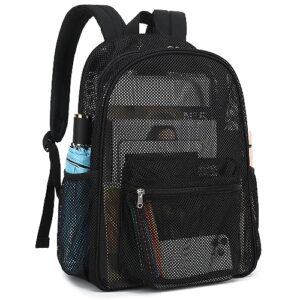 fuyicat black mesh backpack for girls, semi-transparent school bookbag see through beach bags for kids women