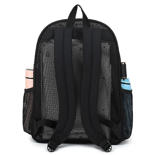 Fuyicat Black Mesh Backpack for Girls, Semi-Transparent School Bookbag See Through Beach Bags for Kids Women