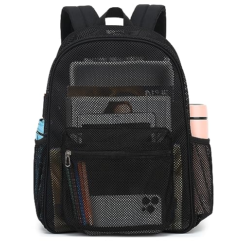 Fuyicat Black Mesh Backpack for Girls, Semi-Transparent School Bookbag See Through Beach Bags for Kids Women