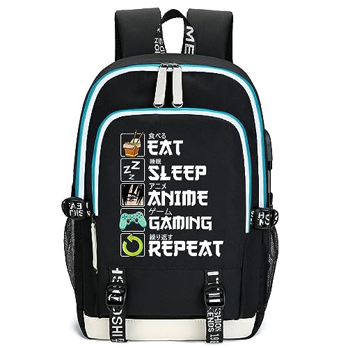 blucagand Eat Sleep Anime Gaming Repeat Backpack Canvas Capacity Backpack Laptop Backpack Travel Backpack