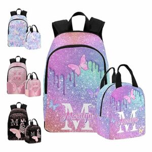 interestprint customized girls bookbag with lunch bag, personalized glitter butterfly knapsack backpack custom name backpack and lunch box for granddaughter niece