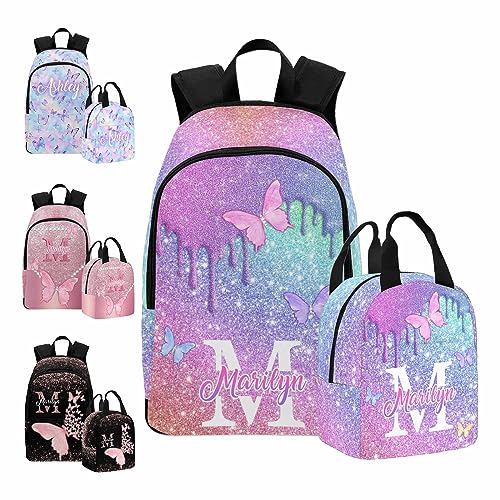 InterestPrint Customized Girls Bookbag with Lunch Bag, Personalized Glitter Butterfly Knapsack Backpack Custom Name Backpack and Lunch Box for Granddaughter Niece