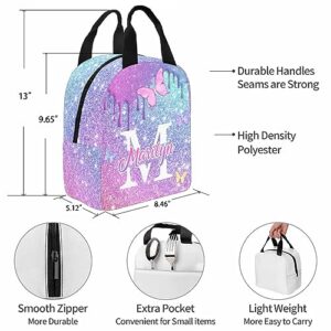 InterestPrint Customized Girls Bookbag with Lunch Bag, Personalized Glitter Butterfly Knapsack Backpack Custom Name Backpack and Lunch Box for Granddaughter Niece