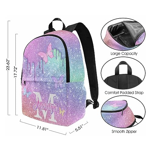 InterestPrint Customized Girls Bookbag with Lunch Bag, Personalized Glitter Butterfly Knapsack Backpack Custom Name Backpack and Lunch Box for Granddaughter Niece