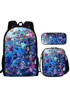 dokers 3pcs lightweight anime backpack set 17in cartoon backpack with lunch bag and pencil case color3