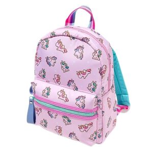 claire's club pink and blue backpack with unicorns and adjustable straps, ages 3 to 6 measuring 8" w x 11" h x 3" d