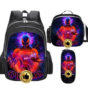 FANGKAI Anime Character Backpack Travel Backpack Spider Cartoon Man Bookbag with Lunch Box & Pencil Case Combo Set