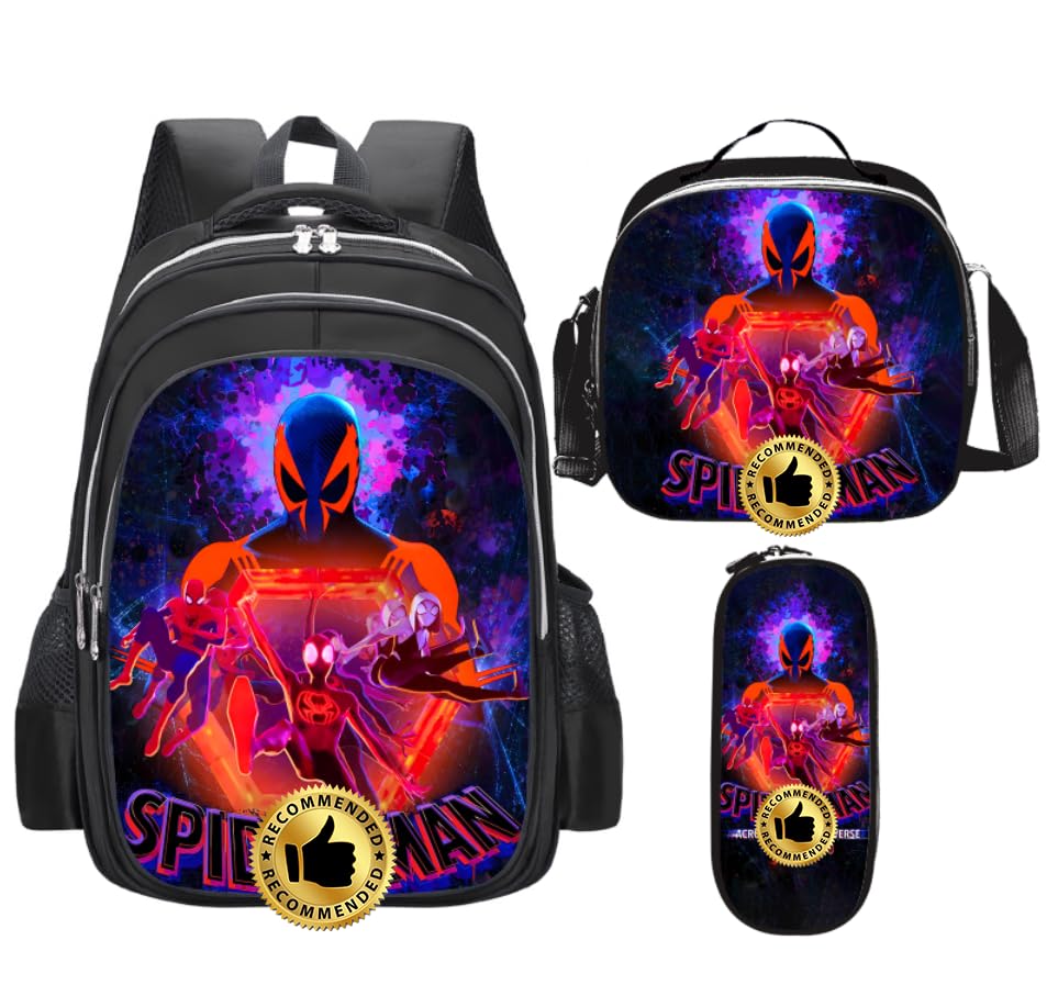 FANGKAI Anime Character Backpack Travel Backpack Spider Cartoon Man Bookbag with Lunch Box & Pencil Case Combo Set