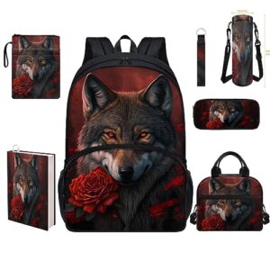 wolf rose print 7 in 1 bookbag set with lunch box for teen girls backpacks for middle school bag pencil case pouch water bottle holder book sleeve wristlet keychain with clip daypack satchel