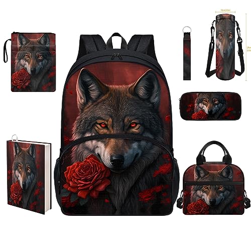 Wolf Rose Print 7 In 1 Bookbag Set with Lunch Box for Teen Girls Backpacks for Middle School Bag Pencil Case Pouch Water Bottle Holder Book Sleeve Wristlet Keychain with Clip Daypack Satchel