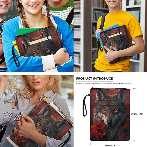 Wolf Rose Print 7 In 1 Bookbag Set with Lunch Box for Teen Girls Backpacks for Middle School Bag Pencil Case Pouch Water Bottle Holder Book Sleeve Wristlet Keychain with Clip Daypack Satchel