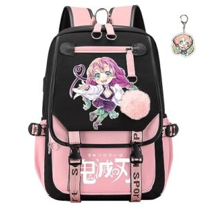 sodameow anime demon backpack rucksack nezuko backpack slayer bag kimetsu no yaiba with usb charging port, free keychain (pink-mitsuri)
