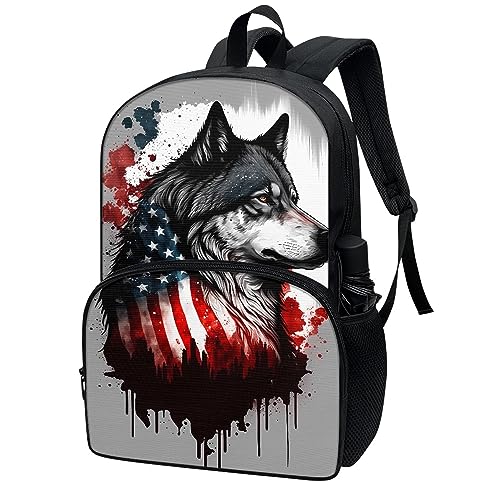 Vodetik American Flag Wolf Book Bag Kids School Backpack for Teens Girls Boys Smell Proof Bookbag with Side Pockets and Adjustable Shoulder Strap16.9x11.8x6.3 Inch