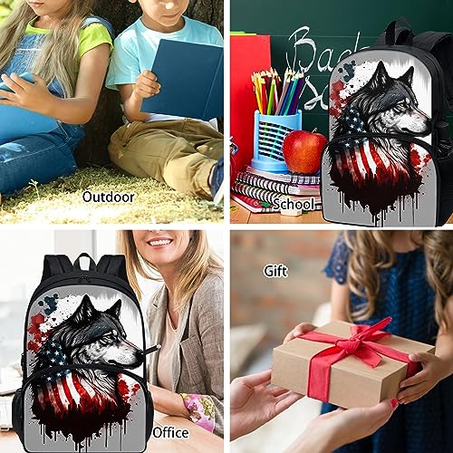 Vodetik American Flag Wolf Book Bag Kids School Backpack for Teens Girls Boys Smell Proof Bookbag with Side Pockets and Adjustable Shoulder Strap16.9x11.8x6.3 Inch