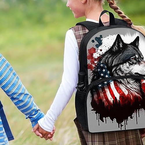 Vodetik American Flag Wolf Book Bag Kids School Backpack for Teens Girls Boys Smell Proof Bookbag with Side Pockets and Adjustable Shoulder Strap16.9x11.8x6.3 Inch