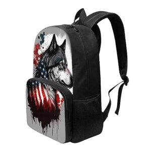 Vodetik American Flag Wolf Book Bag Kids School Backpack for Teens Girls Boys Smell Proof Bookbag with Side Pockets and Adjustable Shoulder Strap16.9x11.8x6.3 Inch