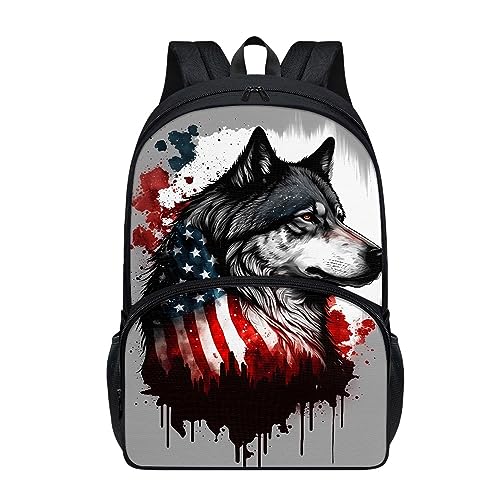 Vodetik American Flag Wolf Book Bag Kids School Backpack for Teens Girls Boys Smell Proof Bookbag with Side Pockets and Adjustable Shoulder Strap16.9x11.8x6.3 Inch