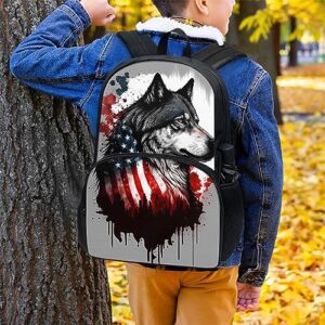 Vodetik American Flag Wolf Book Bag Kids School Backpack for Teens Girls Boys Smell Proof Bookbag with Side Pockets and Adjustable Shoulder Strap16.9x11.8x6.3 Inch