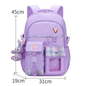 Myyunhx Backpack for Girls 17Inch Large Capacity Girl School Backpack for kid with Plush Cartoon Pendant and Decorative Card (Purple)