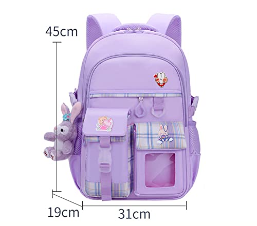 Myyunhx Backpack for Girls 17Inch Large Capacity Girl School Backpack for kid with Plush Cartoon Pendant and Decorative Card (Purple)